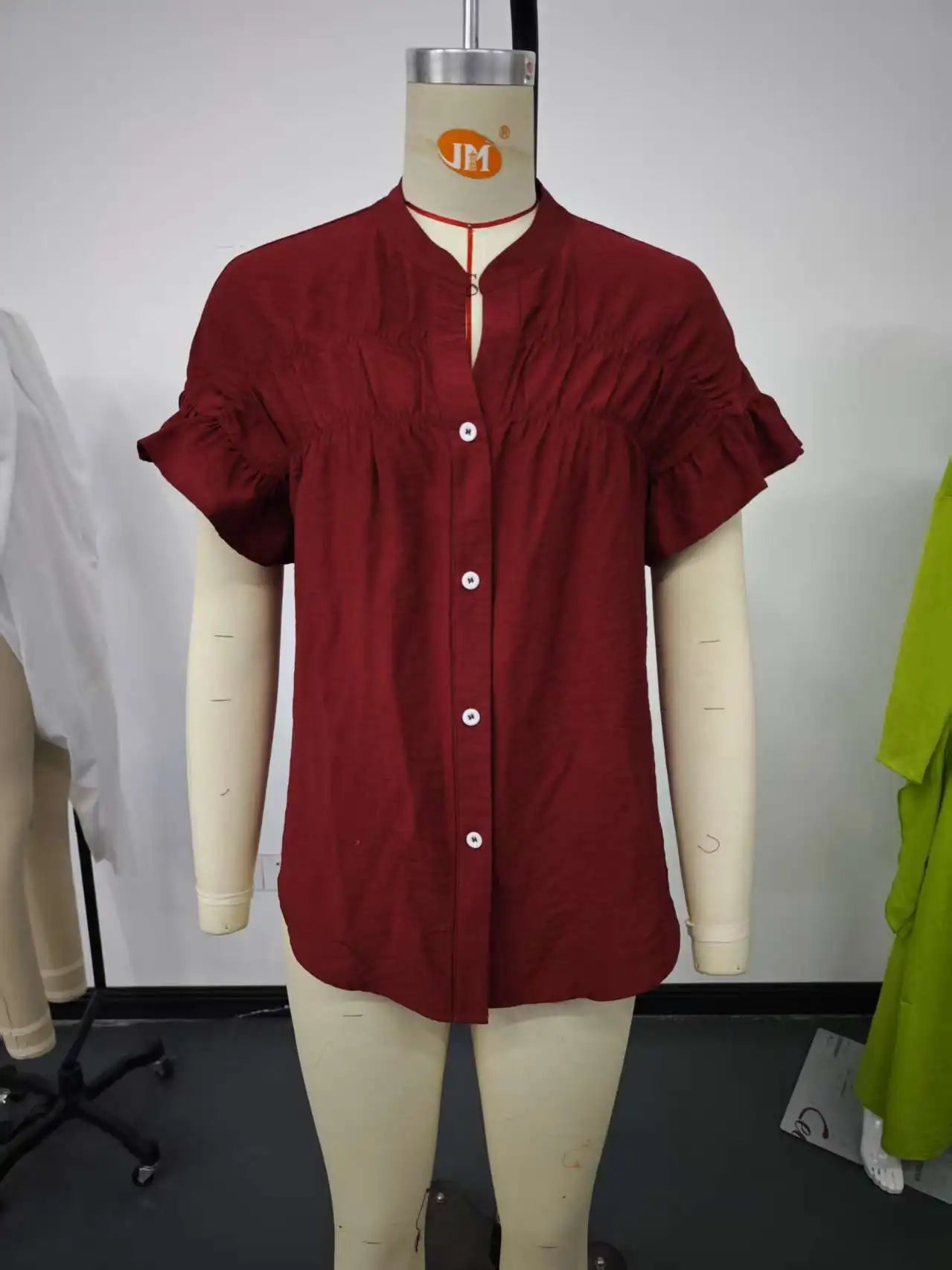 Women Button Solid Cotton Linen Blouses Summer 2025 Fashion Stand Up Short Sleeve Shirts Casual V-Neck Ruffles Office Lady Tops