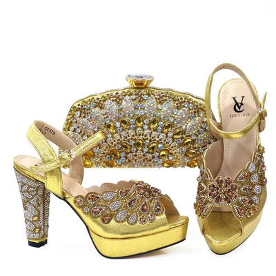 Embroidery Italian Design Pointed-Toe High-heeled Shoes and Bags Set for Women