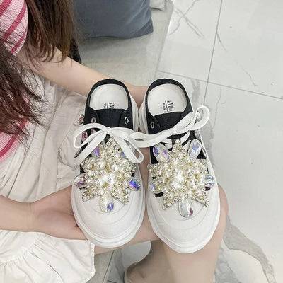 Spring New Women Sneakers Slipper Designer Platform Mules Flat Sandal Sweet Casual Lace Up Pearl Crystal Shallow Ladies Shoes