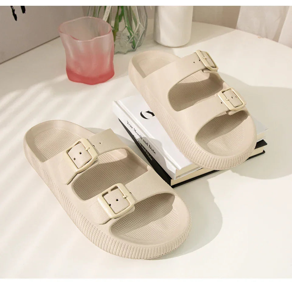 Women's Slippers Fashion Thick Sole Double Buckle Sandals Men Pool Beach Garden Quick Dry Open Toe Indoor Outdoor Shoes