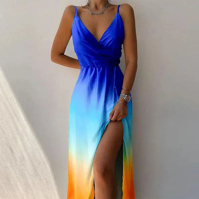 Summer Print Dresses For Women 2025 New Fashion Sexy Sleeveless Suspender V-neck Slit Print Slim Elegant Dress Beach Dresses Hot