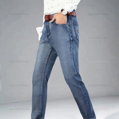 Mens Denim Pants Spring Casual Business Straight Fit Loose Elasticated Jeans Stylish Comfortable Pants for Work and Daily Wear