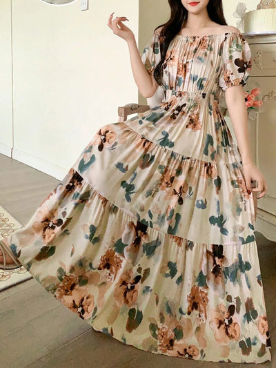 Women's Floral Summer Fashion Women's Print One-line Shoulder Dress Summer Beach Vacation Dress Causul Dress for Women