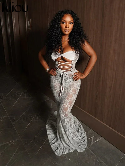 kliou Lace Patchwork Women Maxi Dress Sexy Coquette Drawstring Wrapped Chest Body-shaping Vestidos Female Stunning Clubwear Robe