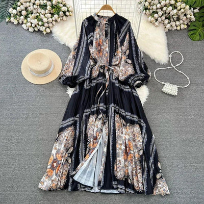 Retro Elegant Sashes O Neck Single Breasted Print Dresses Long Lantern Sleeves A-line Casual High Waist Women Autumn Clothing