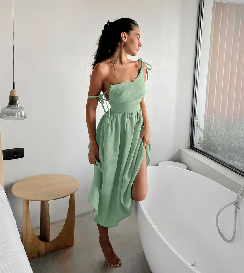 Cotton Linen Solid Color Spaghetti Strap Dresses Women Fashion Leace-up V-neck Backless Beach Vacation Long Dress Female New