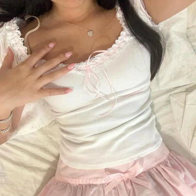 Lace Trim T-Shirts For Women Short Sleeve Crop Tops with Bow Sweet Kawaii Y2k Clothes Streetwear
