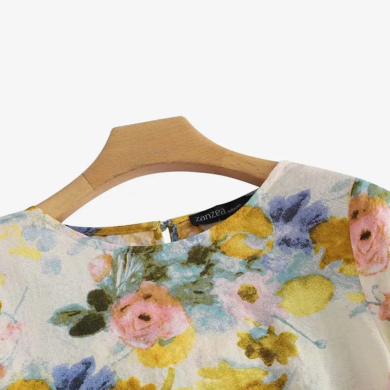 ZANZEA Women Cotton Linen Blouses 2024 Summer Bohemian Floral Printed Blusas Fashion 3/4 Sleeve O-Neck Top Casual Loose Shirts