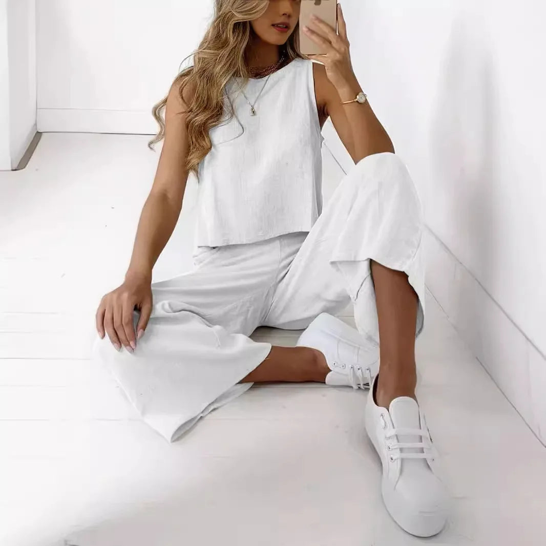 Women's New Cotton Linen Suit Summer Casual Sleeveless Round Neck Top Trousers Wide Leg Pants Two-piece Set For Women