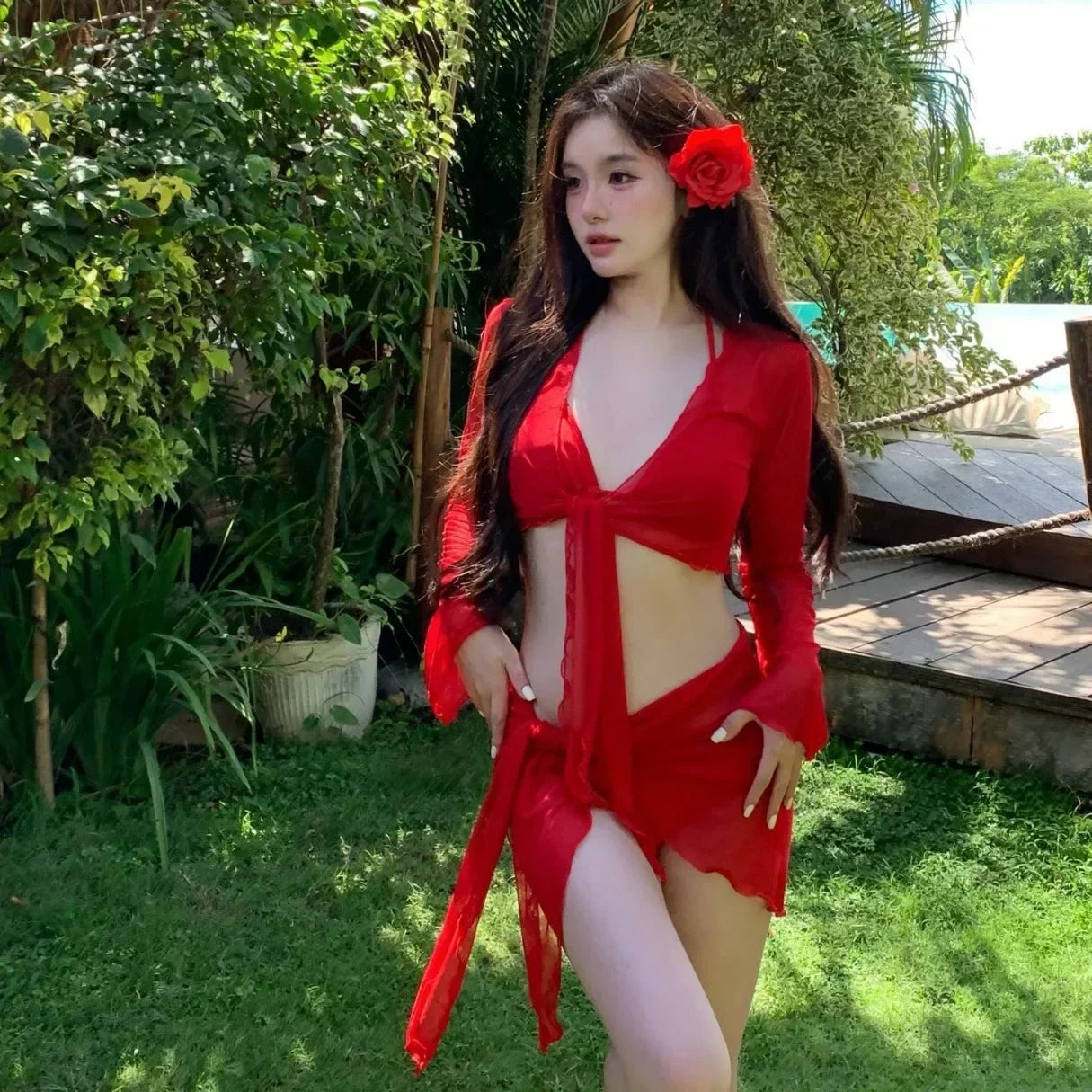 Women Swimwears Red 4 Piece Set Summer Sexy Swimwears Bikinis Set Beach Style Swimwear Elegant Vacation Swimwear Bikinis Set