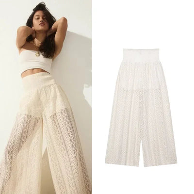 TRAF Women Lace Trousers Embroidery Hollow Out Simple Women's Pants Elastic Waist Loose Pants Female Wide Leg Pants