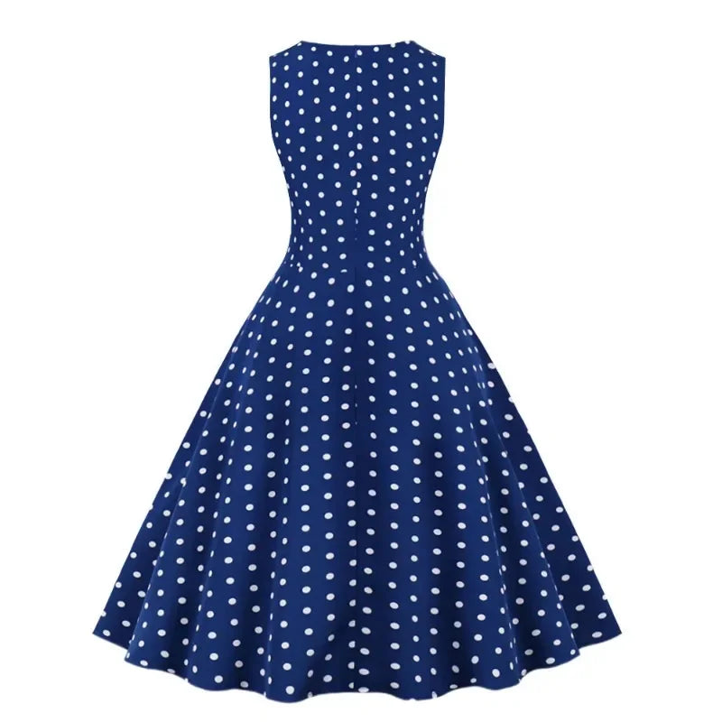 2025 New Women Party Dress Dot Print Sleeveless A Line 50s Evening Gowns Red A-line Tight Waist Prom Banquet Summer Midi Dress - Elanique