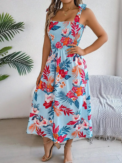 Spring Summer Floral Print Long Dress Lace up Sleeveless Vacation Dresses for Women