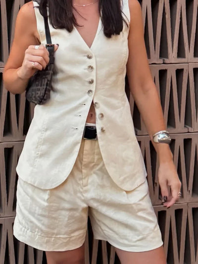 Cotton and Linen Chic Casual Vest Shorts Set Women Summer New Fashion Commuter Sleeveless Single Breasted Tank Top Shorts Suits