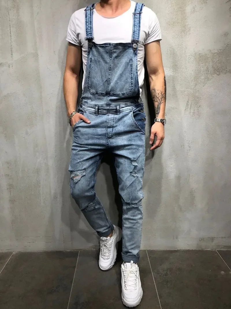 Men's Spring and Autumn Jeans, New Style Retro Casual All-match Ripped Dungarees, Fashionable High Street Trendy Brand Dungarees