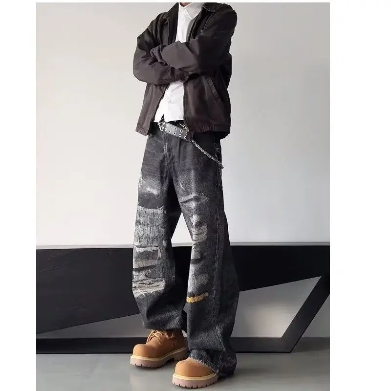 High Street Men's Jeans Trendy Printed Pattern Washed Worn-out Straight Leg Jeans American Style Male Denim Pants Black Jeans
