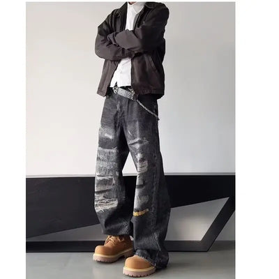 High Street Men's Jeans Trendy Printed Pattern Washed Worn-out Straight Leg Jeans American Style Male Denim Pants Black Jeans