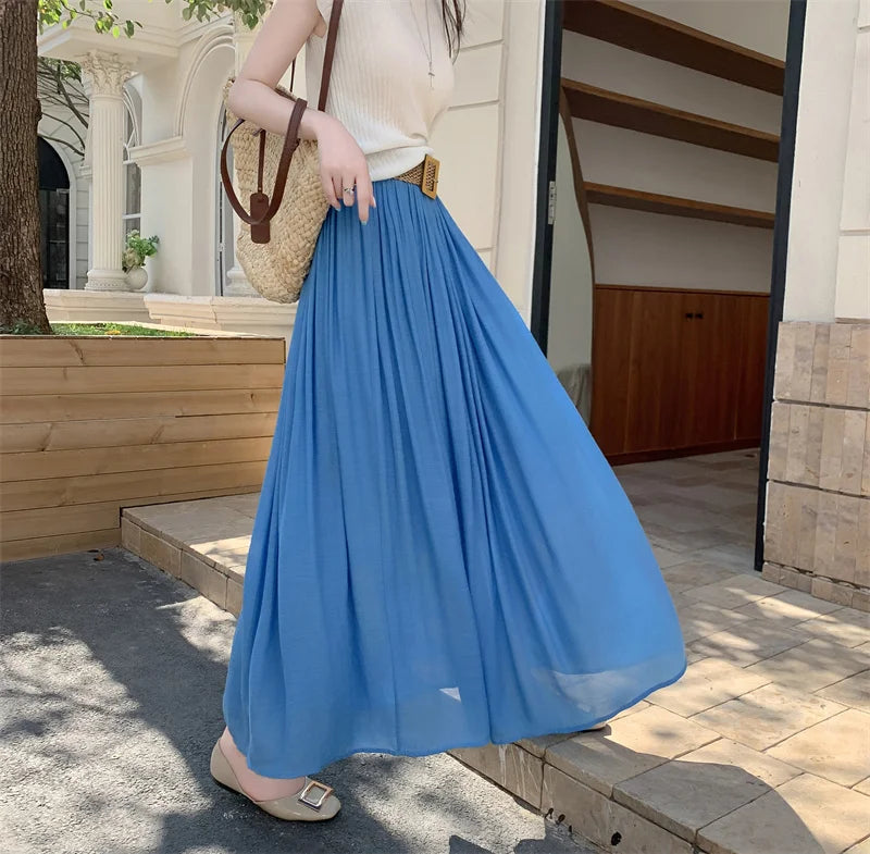 2025 New High Waisted Cotton Linen Pleated Midi Skirt – Summer Flowy A-Line Maxi Skirt for Women, Breathable & Elegant