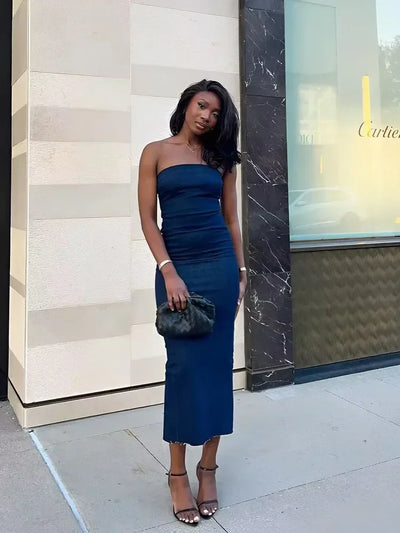 Off Shoulder Denim Dress Woman Blue Corset Long Dress Women Midi Bodycon Dresses For Women 2025 Elegant Party Dresses