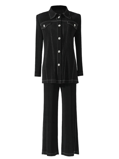 Wrinkle fashion casual suit for women high-end and casual loose fit plus size shirt collar top straight leg pants [20240514]