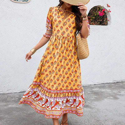 dresses for women Fashion summer Casual long dresses Bohemian V-Neck Printed High Waisted Big Swing Dress vestidos cortos