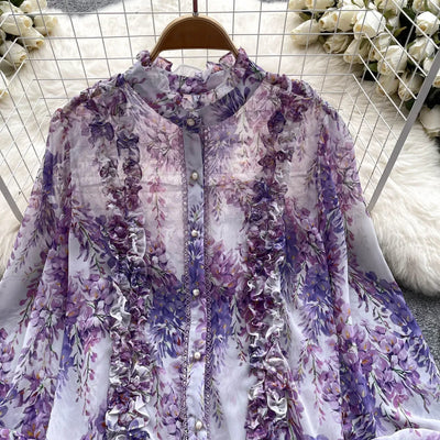 Women Ruffles Lace Floral Print Retro Elegant Button Shirts Summer Fashion Sweet Chic Stand Collar Long Sleeve Blouse Loose Tops