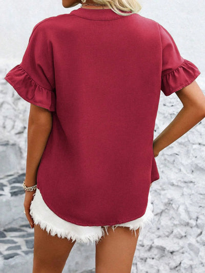 Women Button Solid Cotton Linen Blouses Summer 2025 Fashion Stand Up Short Sleeve Shirts Casual V-Neck Ruffles Office Lady Tops