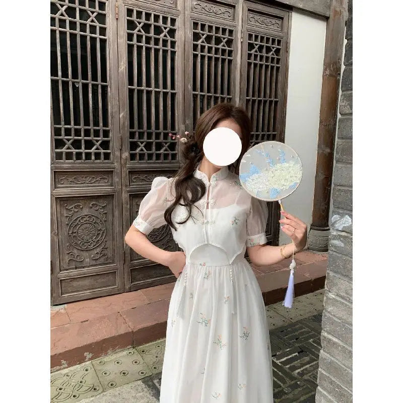 Dress Sets Summer Women Chinese Style Floral Hight Waist Mesh Midi Dresses Elegant Casual Gentle Wind Female Dress Vestidos