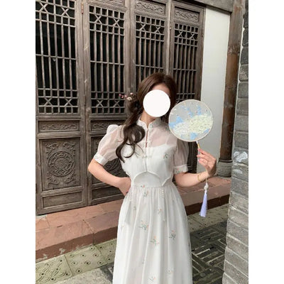 Dress Sets Summer Women Chinese Style Floral Hight Waist Mesh Midi Dresses Elegant Casual Gentle Wind Female Dress Vestidos