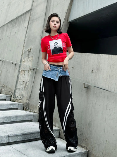 Wide Leg Pants Women Floor Length Patchwork Lace Denim Stripe Print High Waist Multiple Pockets 2025 Streetwear Cargo Trousers