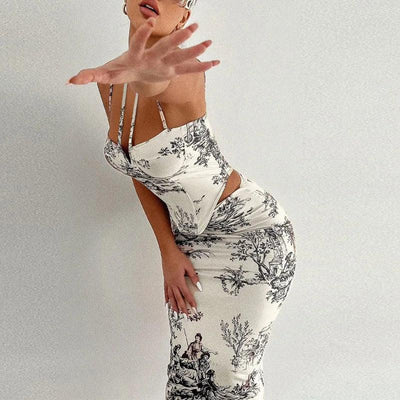 Elegant Casual Printed Tracksuits for Women 2 Piece Sexy Fashion Slash Neck Sleeveless (Tops+Skirt) Slim Fit Hip Wrap Female Set
