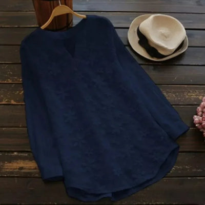 Embroidery Lace Cotton Linen Casual Women Blouse Fashion Loose White Elegant Shirt Plus Size V Neck Tops Long Sleeve S-5XL