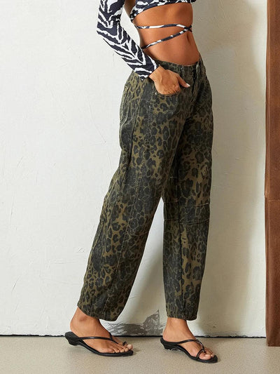 Leopard Barrel Jeans Women Cheetah Print Baggy Boyfriend Jeans Pants Vintage Mid Rise Wide Leg Denim Tapered Jeans