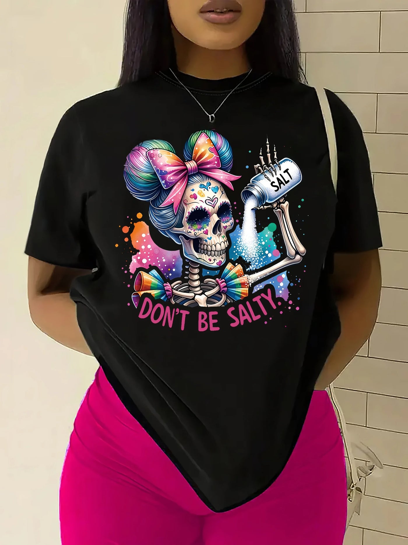Women's Casual Crew Neck T-Shirt - Colorful Sugar Skull & "Don't Be Salty" Slogan Graphic Regular Length Machine Washable