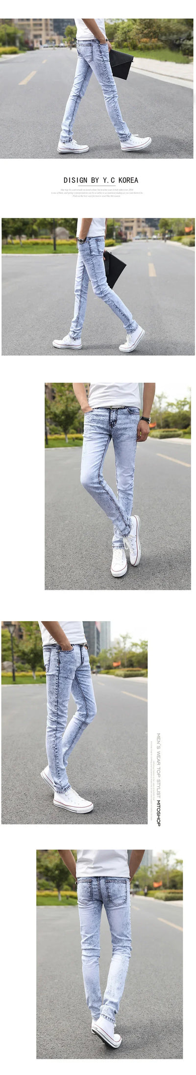 2024 New Men Stretch Skinny Jeans Male Designer Brand Super Elastic Straight Trousers Jeans Slim Fit Fashion Jeans , Sky blue