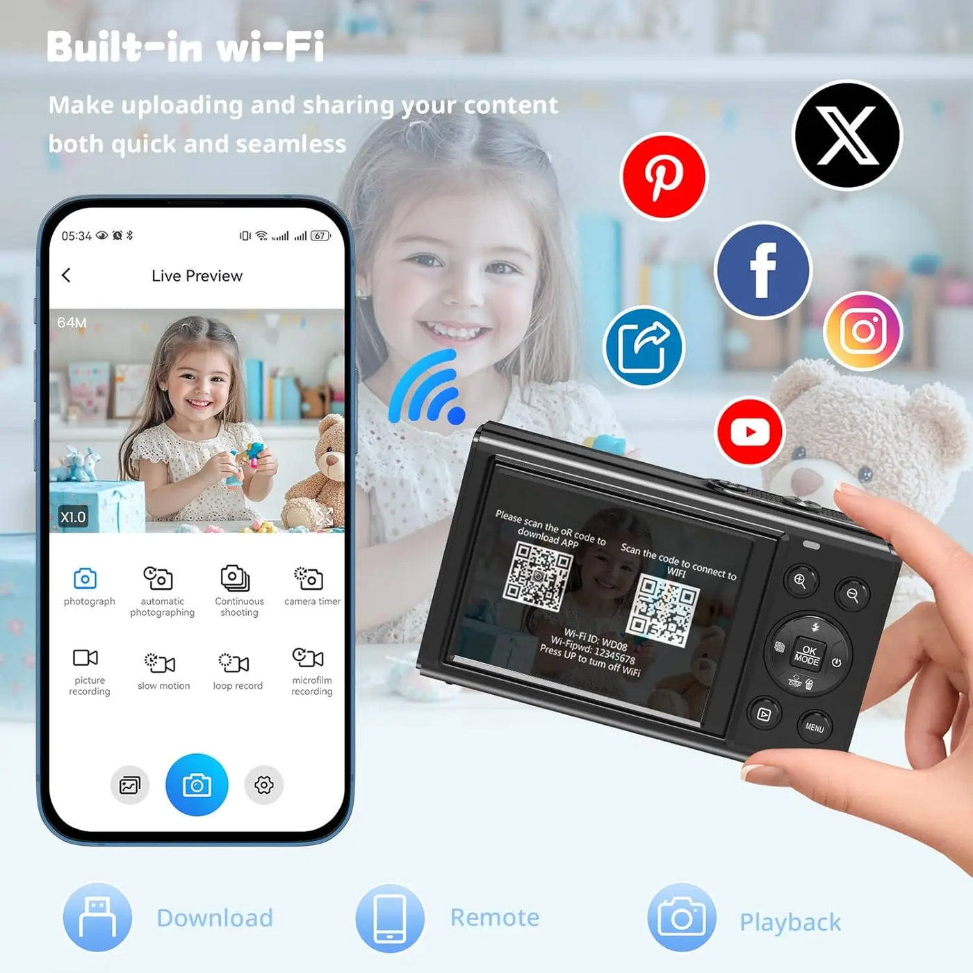 Digital Camera CCD Dual Screen Portable Digital Camera with18X Zoom 5K Vlogging Camera 80MP CCD Selfie Camera with 64GB Card