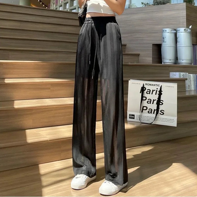 Wide Leg Elastic Waist Trousers for Woman Straight Women's Pants Black Stripe White Clothing High Quality Classic Y2k Streetwear