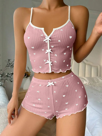 2 Pieces Set Women's Pajama Shorts Heart Print Pajama Set Sexy Lingerie Camisoles Tanks Nighty Female Loungewear Homewear Suits