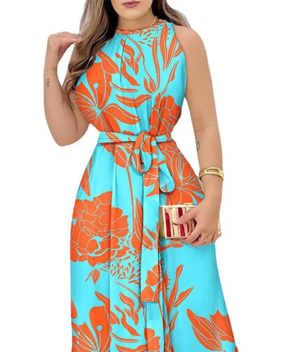 2025 Women's Elegant Floral Print Long Dresses Spring Summer Lace up Print Strap Dress Holiday Beach Female Robe Vesido Mujer