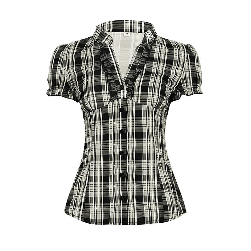 French Chic Ruffles Elegant Women T-Shirts Simple Fashion Slim Fit All-Match Plaid V-Neck Blouses