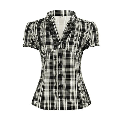French Chic Ruffles Elegant Women T-Shirts Simple Fashion Slim Fit All-Match Plaid V-Neck Blouses