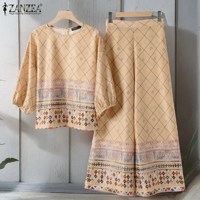 ZANZEA Fashion Women Tracksuits Summer Loose Matching Sets Bohemain Floral Printed Blouse Wide Leg Pant Sets 2pcs Work Outfits