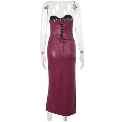 Sexy Pu Leather Women Maxi Dresses Fashion Sleeveless Backless Pleated Hip Package Female Robe Chic Ladies Party Evening Dress