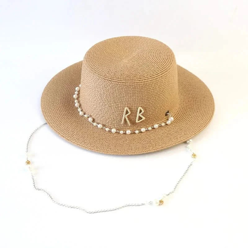 New Women Summer Hats Straw Sun Hat Panama Elegant Straw Fedoras Lady Girl Outdoor Vacation with Pearl Chain Sunshade Beach Hat