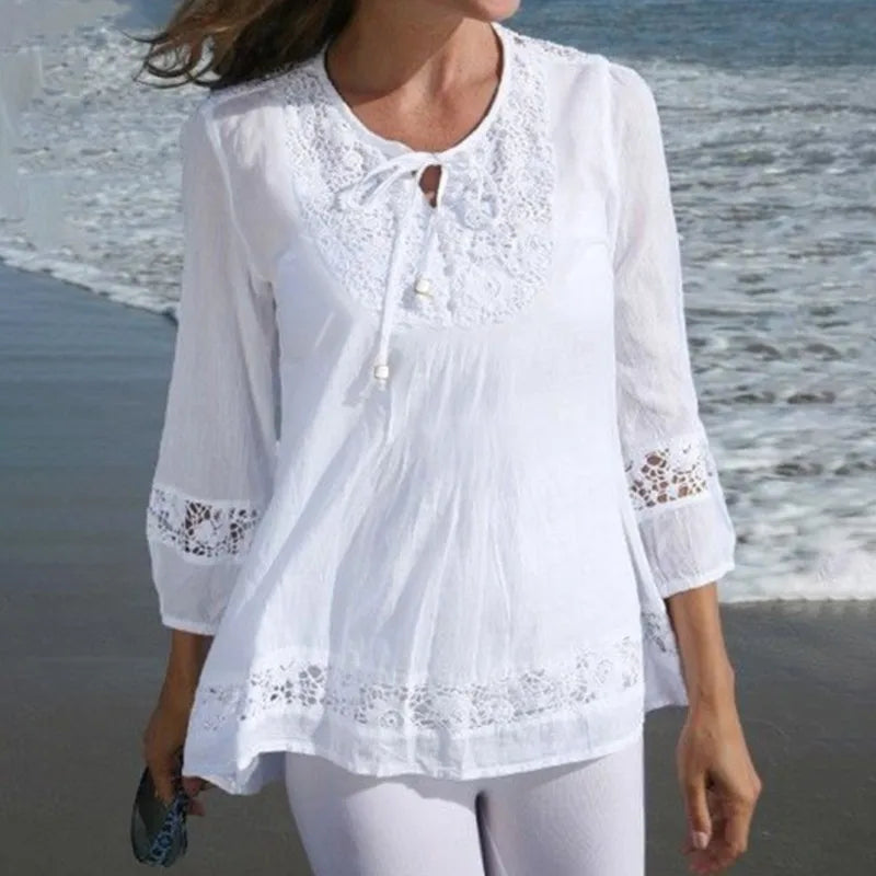 Fashion Women's Solid Lace Top Cotton Linen Casual Top Woman New Summer Blouse Three-Quarter Sleeve Loose Shirt & Blouse Women