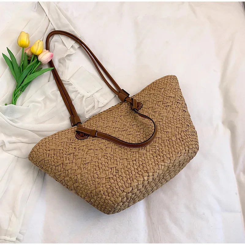 Designer Bohemian Chic Shoulder Bag,Solid Color Large Capacity Straw Woven Tote Bag,Nature-Inspired Beach Vacation Women Handbag