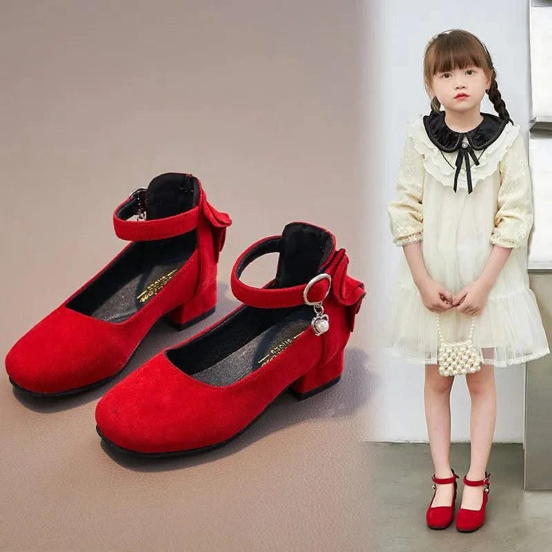 Kids Velvet Black, Pink, Red Leather High Heeled Shoes 3-15T | Girl's Princess Shoes For Party, Wedding, Dance | Children's Fashion