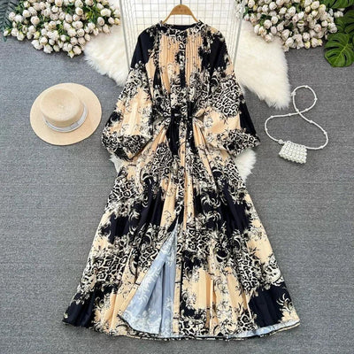 Retro Elegant Sashes O Neck Single Breasted Print Dresses Long Lantern Sleeves A-line Casual High Waist Women Autumn Clothing
