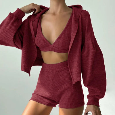 Solid Sport 3 Piece Set Crop Vest Hoodie Tracksuit Women Casual Sweatshirt Coat Mini Short Matching Set Sportswear 3 PCS Outfit