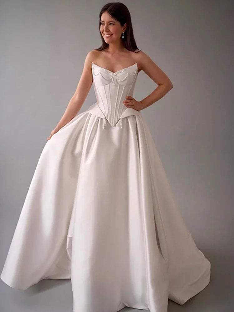 Charming Wedding Dress Satin Taffeta With Pearls A-Line Floor Ball Gown Princess Strapless Lace Up Customized Vestido De Novia